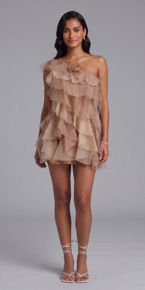 78c81c302be86b68 TAUPE TIERED TULLE A-LINE MINI DRESS FOR PARTY