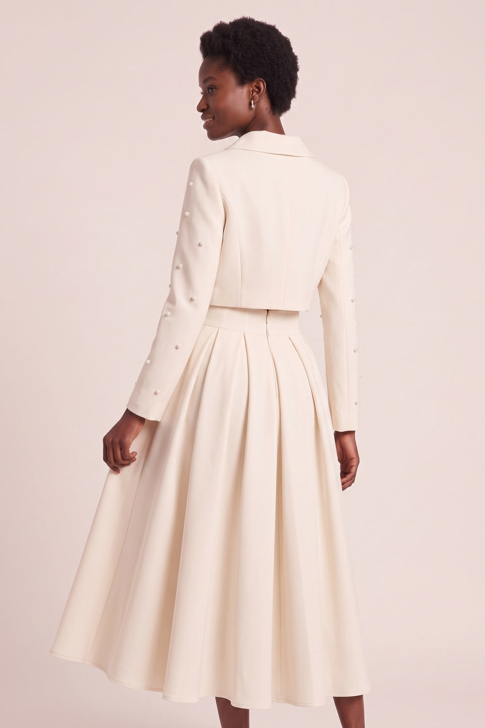 791497fcb242c661 PEARL COLLAR CROP BLAZER & PLEATED MIDI SKIRT SET