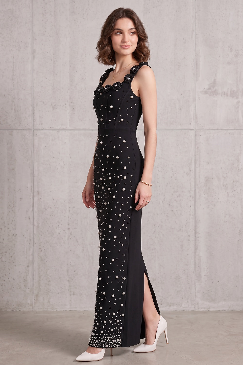 79861422791c0d92 BLACK COLUMN MAXI DRESS PEARL EMBELLISHED FORMAL