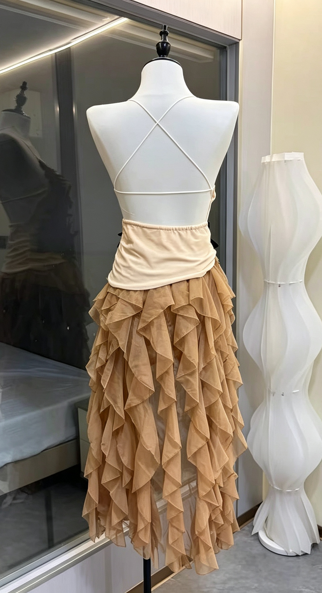 NUDE SHEER STRAP BLACK 3D FLORAL CORSET TOP & HIGH LOW RUFFLE TULLE SKIRT SET