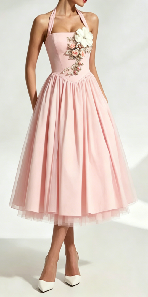 FLOWER EMBROIDERY CRESSIDA BACKLESS PUFFY MIDI DRESS - BLUSH