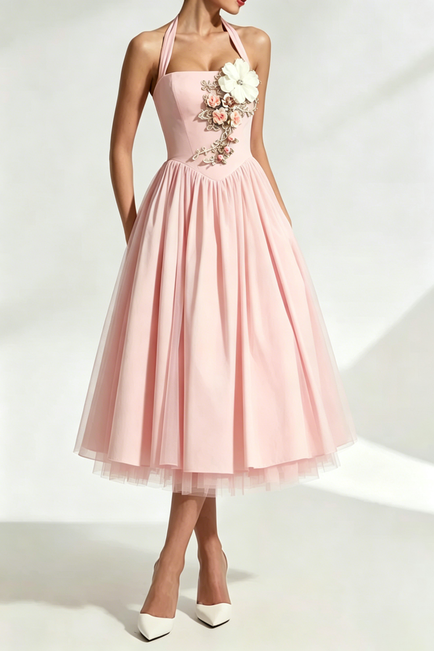 FLOWER EMBROIDERY CRESSIDA BACKLESS PUFFY MIDI DRESS - BLUSH