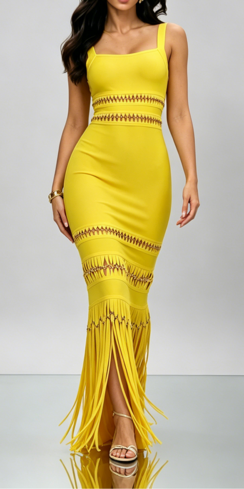 7_c7cbdb07-e73f-4742-ab8a-98058d939c13 BRIGHT YELLOW CUTOUT FRINGE BANDAGE MERMAID MAXI DRESS