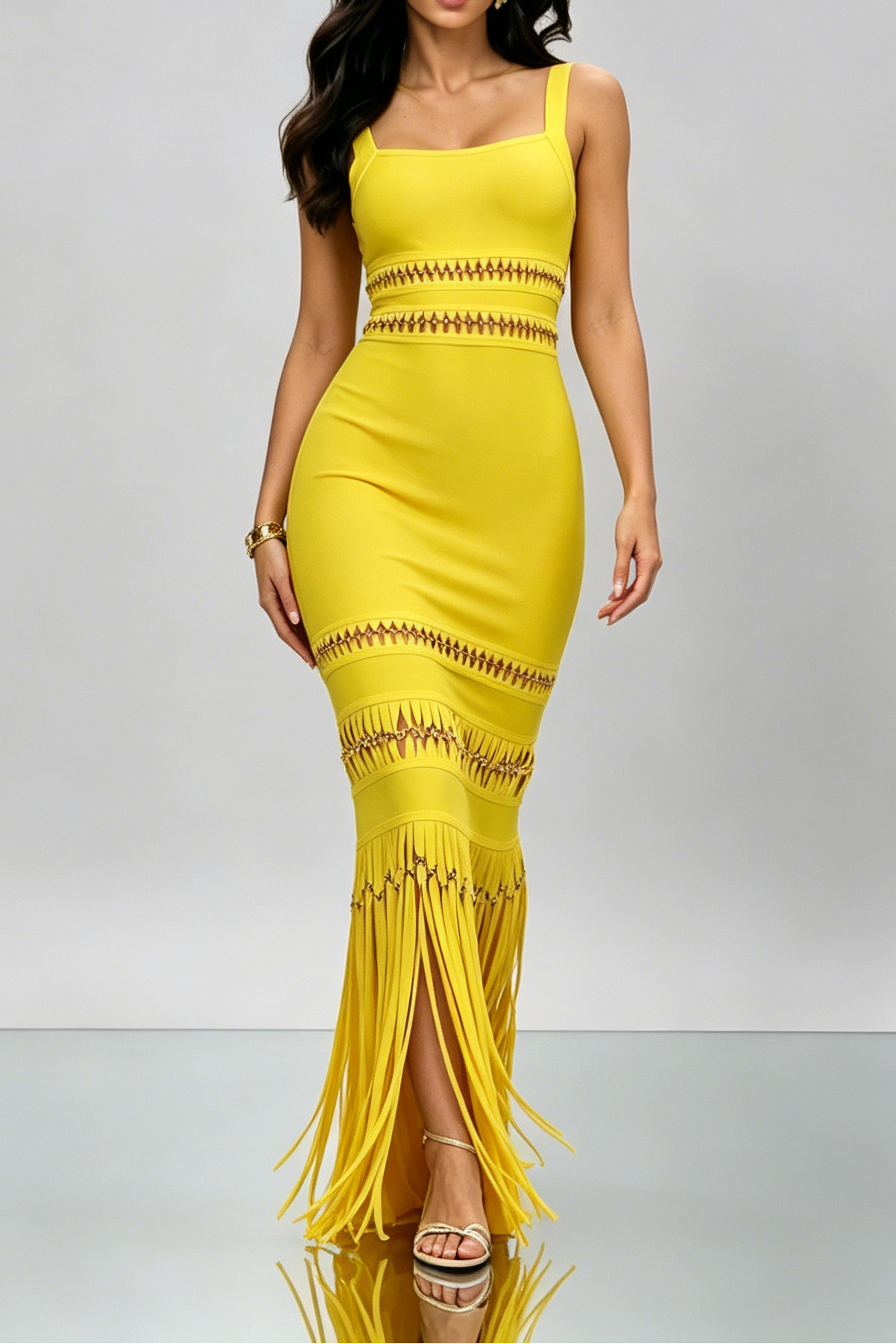 7_c7cbdb07-e73f-4742-ab8a-98058d939c13 BRIGHT YELLOW CUTOUT FRINGE BANDAGE MERMAID MAXI DRESS