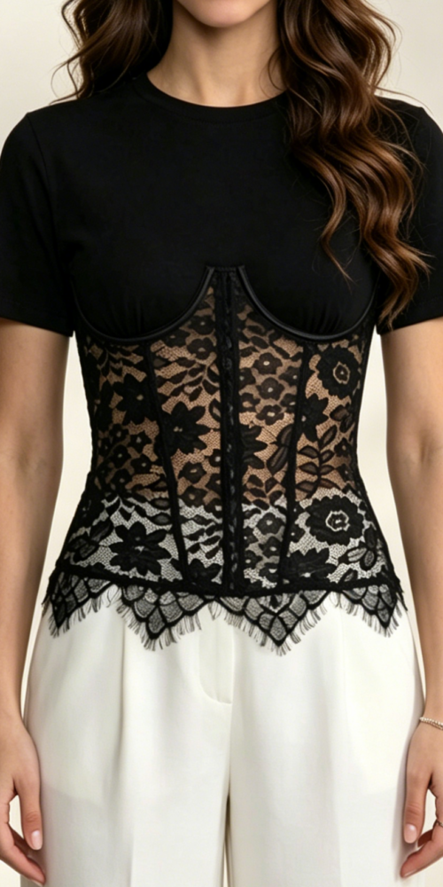 7_dad04ebc-7689-41ff-8cc1-a2db14ec0c8d BLACK SPLICED FLORAL LACE CORSET SHORT SLEEVE T-SHIRT