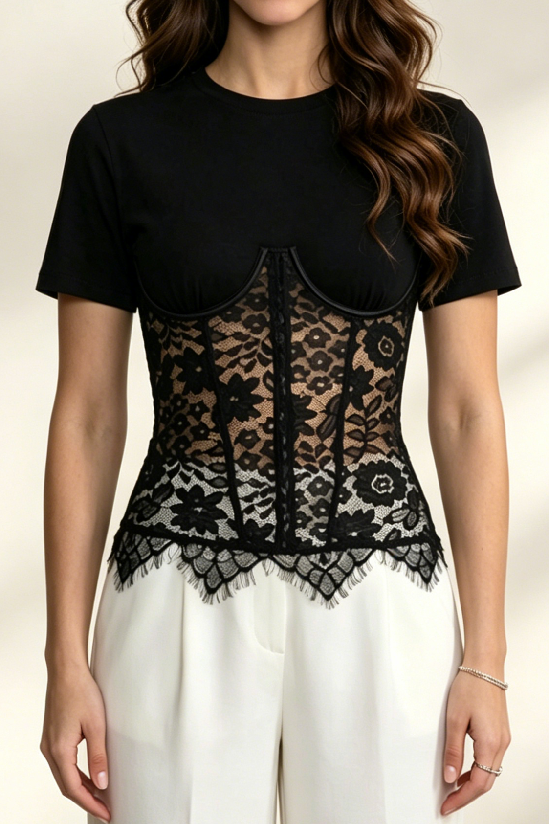 7_dad04ebc-7689-41ff-8cc1-a2db14ec0c8d BLACK SPLICED FLORAL LACE CORSET SHORT SLEEVE T-SHIRT