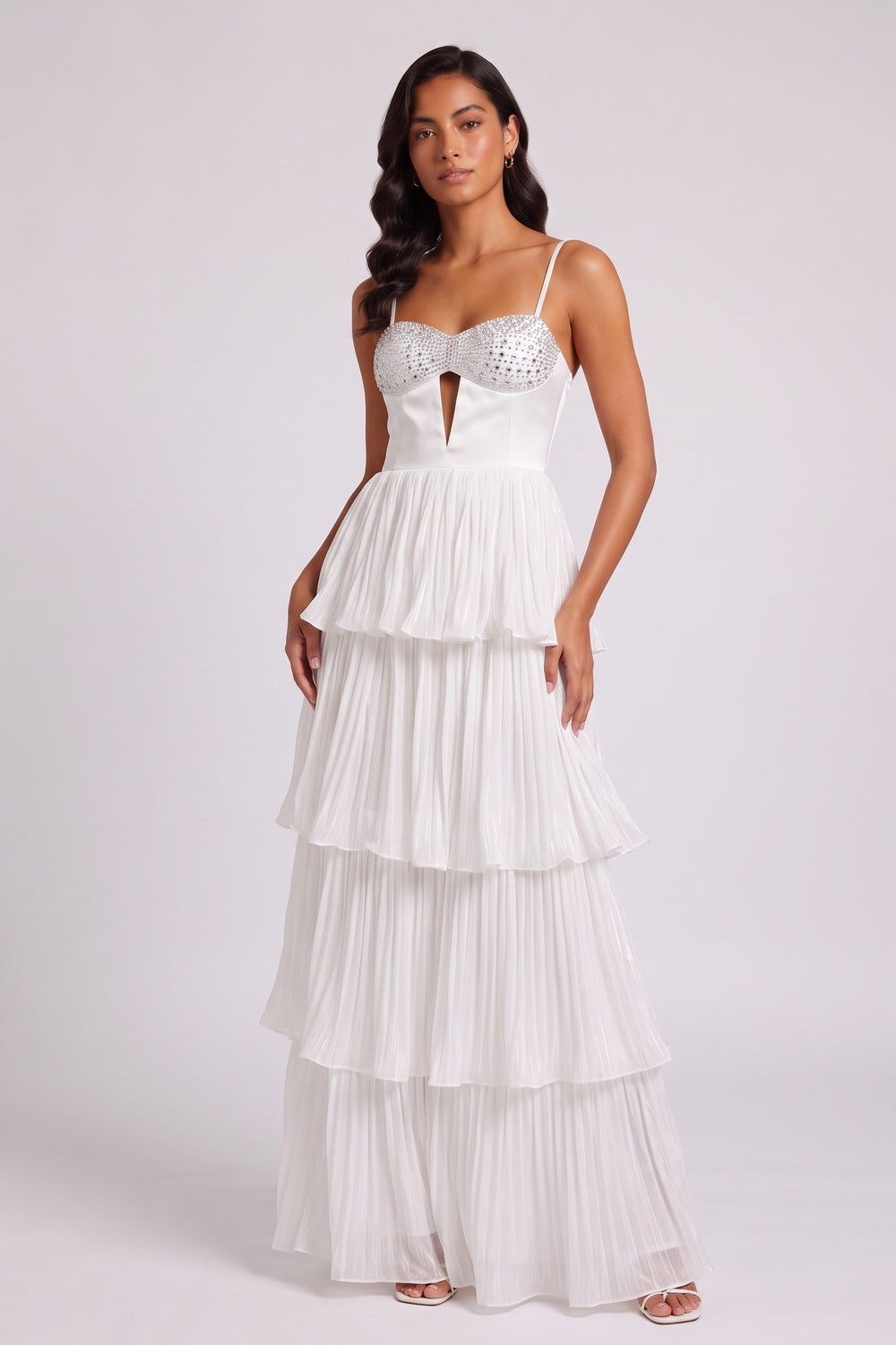 7a20ece797eac326 RHINESTONE BUSTIER TIERED TULLE MAXI DRESS