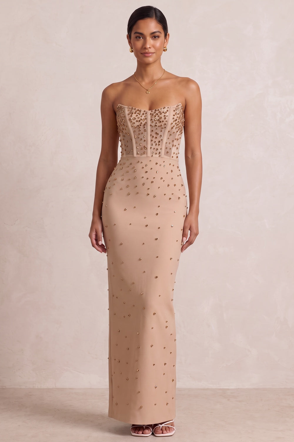 7a642c6c641cddad BEIGE STRAPLESS STUDDED MAXI GOWN