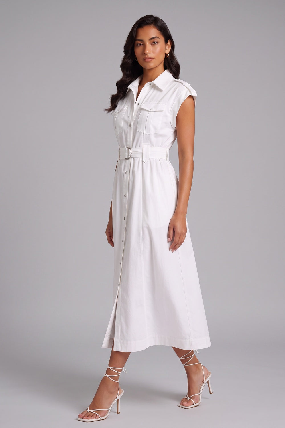 WHITE CAP SLEEVE BELTED CARGO MIDI SHIRT DRESS