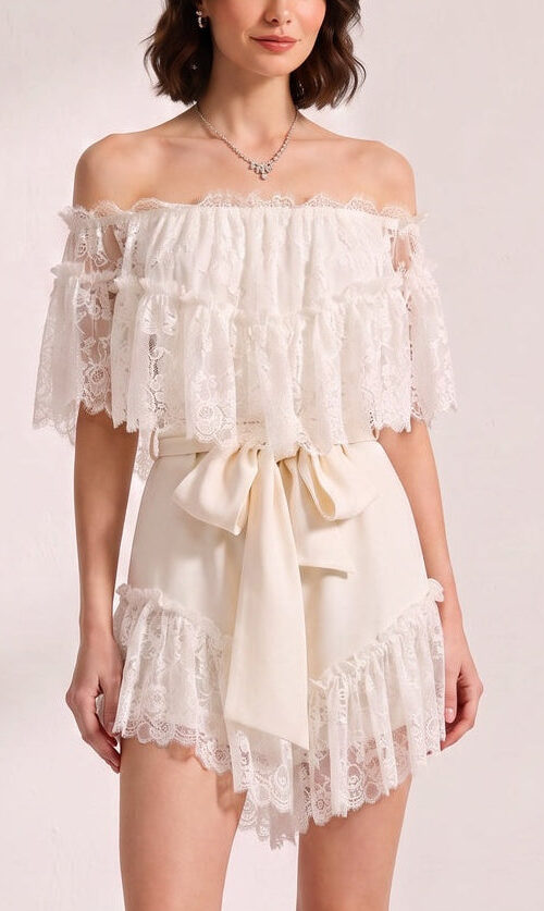 7a81dec2bb22cd17 OFF-SHOULDER LACE SATIN BOW 2PC SHORT SET