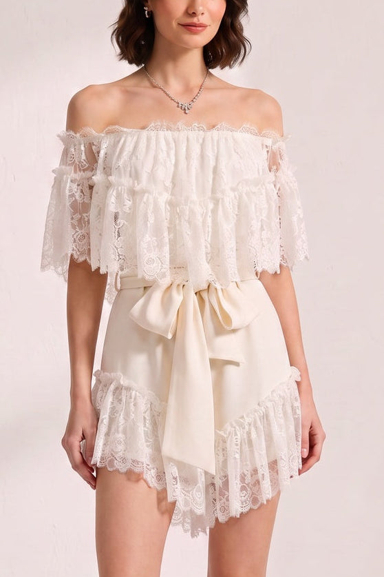 OFF-SHOULDER LACE SATIN BOW 2PC SHORT SET