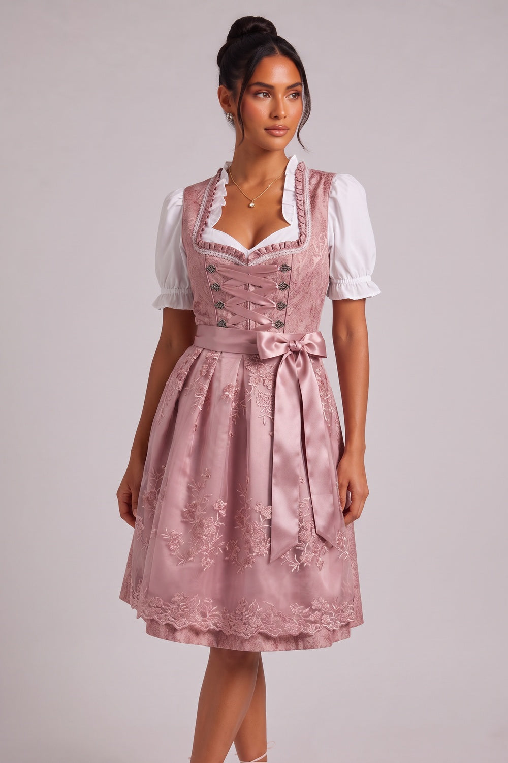 7a81f16ed3b5de7b DUSTY PINK BROCADE FIT-FLARE DIRNDL SET