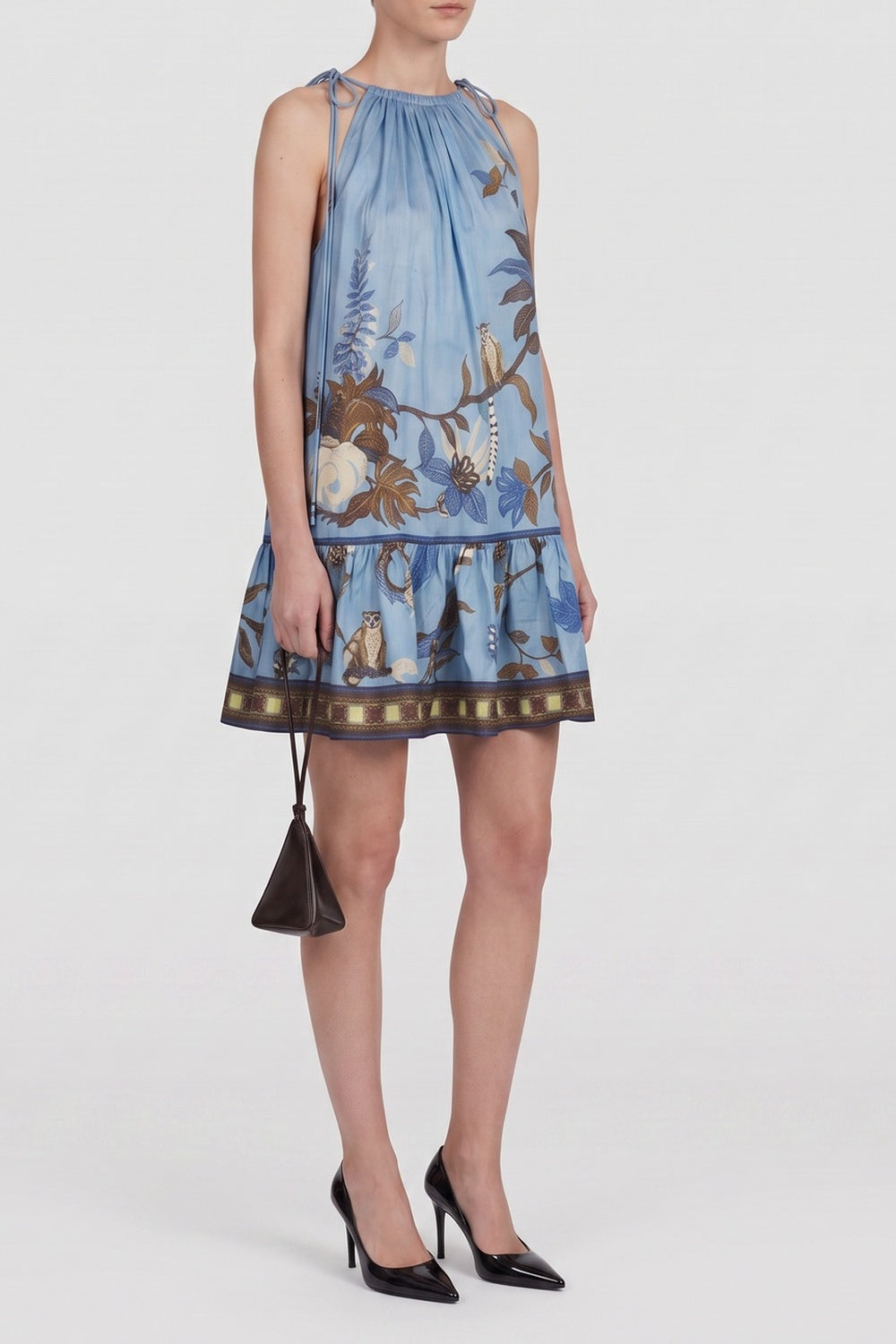 TIE HALTER JUNGLE PRINT RUFFLE MINI DRESS