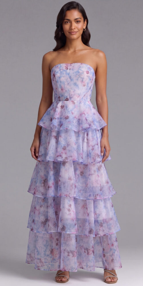 FLORAL STRAPLESS TIERED MAXI DRESS FOR WEDDING GUEST