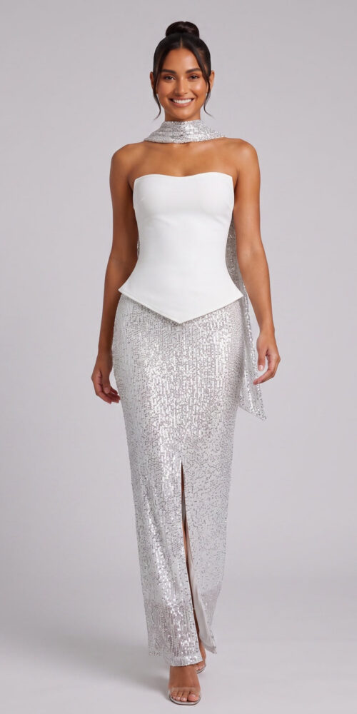 7abb286e1a8af9f4 WHITE STRAPLESS SEQUIN GOWN SILVER SCARF COCKTAIL