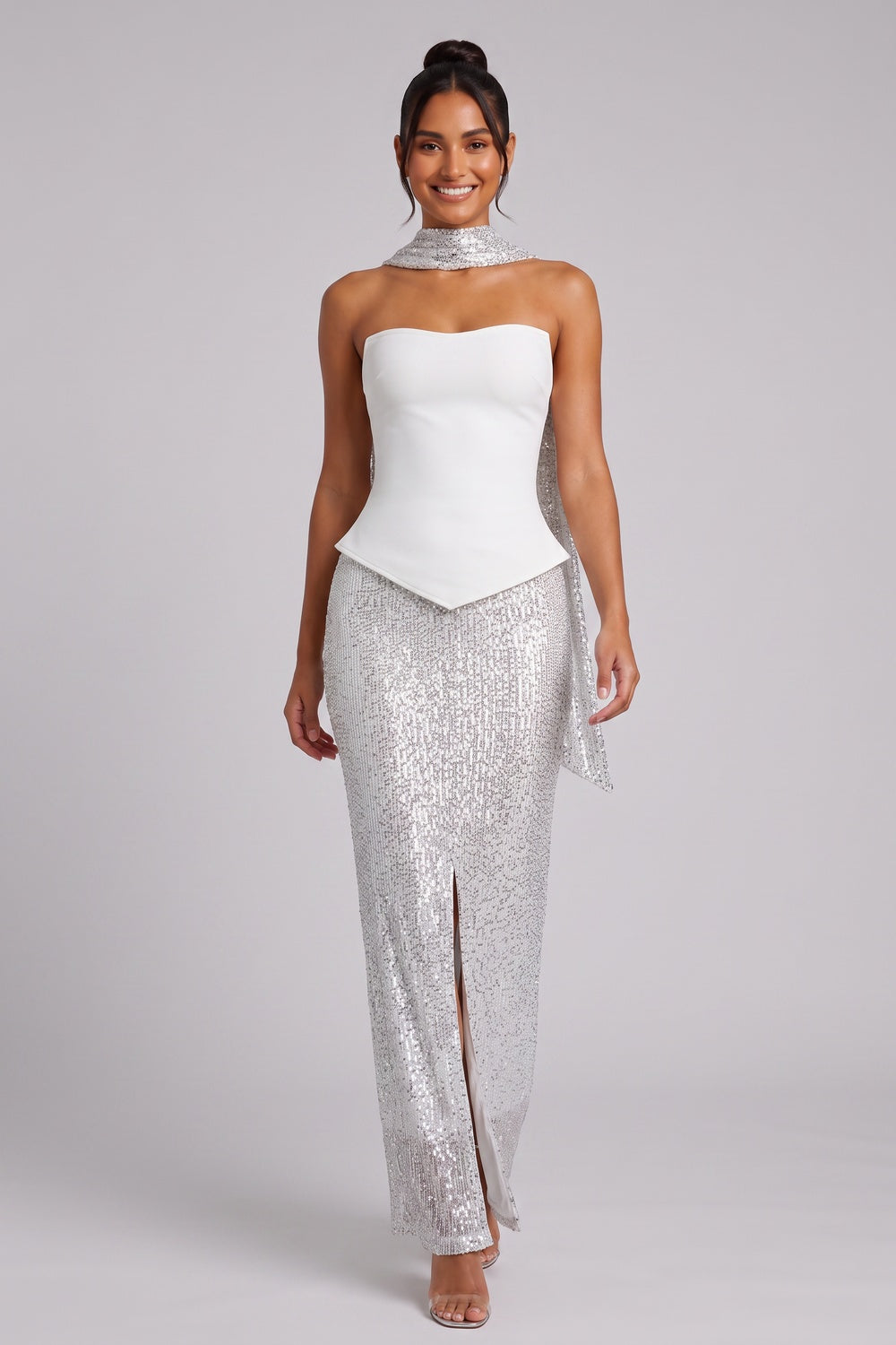 7abb286e1a8af9f4 WHITE STRAPLESS SEQUIN GOWN SILVER SCARF COCKTAIL