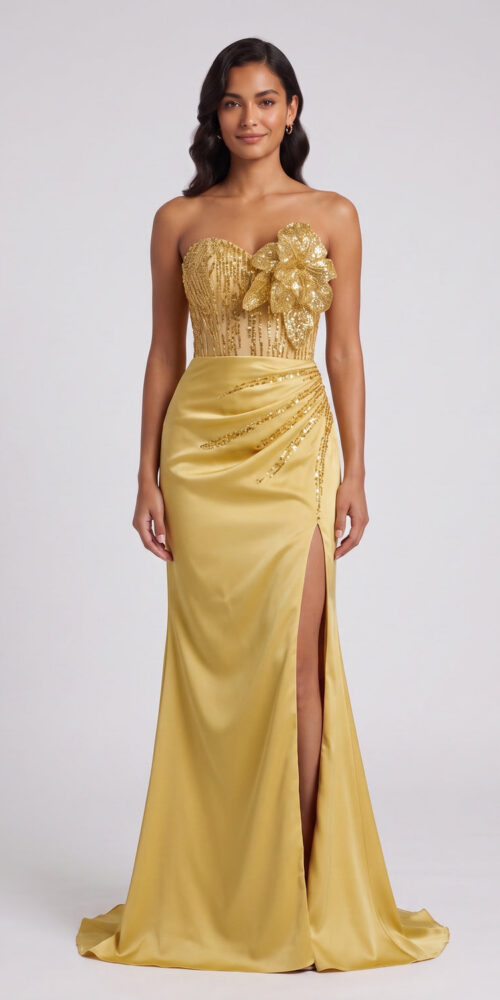 GOLD SEQUIN STRAPLESS MERMAID EVENING GOWN