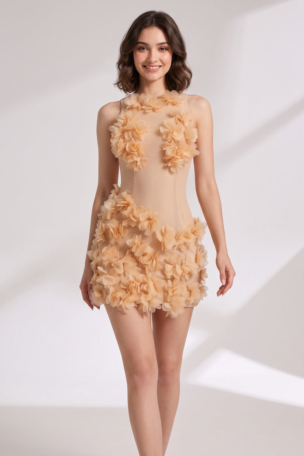 7adc9090a7f49fdc BEIGE SHEER MESH BODYCON MINI DRESS 3D FLORAL PETALS