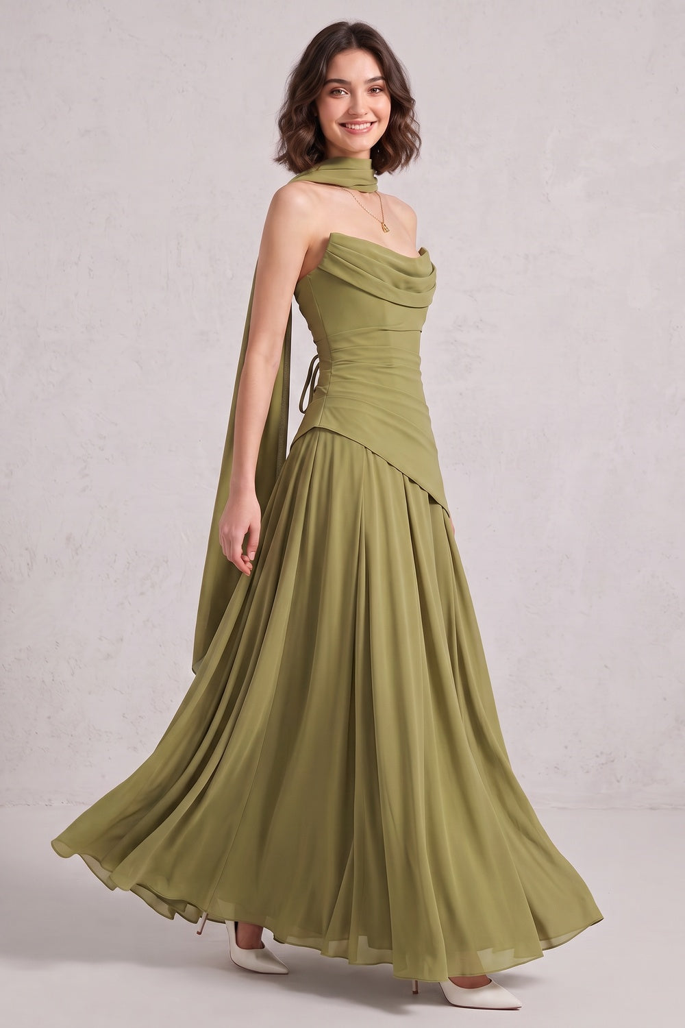 7b093108699d3832 OLIVE GREEN CHIFFON A-LINE COWL BACK GOWN