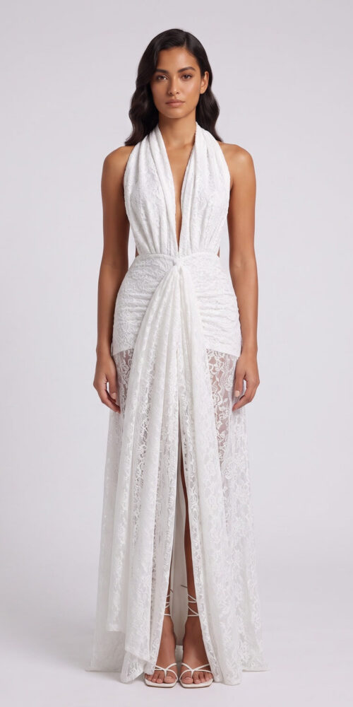 7b0a09b88bc9a1c4 WHITE LACE COLUMN GOWN WITH FRONT SLIT