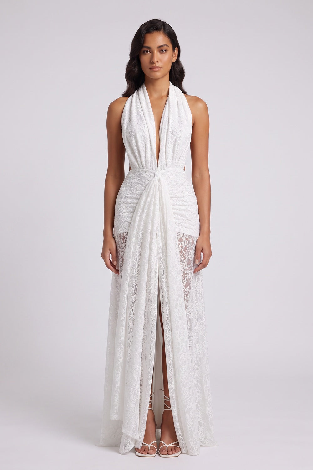7b0a09b88bc9a1c4 WHITE LACE COLUMN GOWN WITH FRONT SLIT