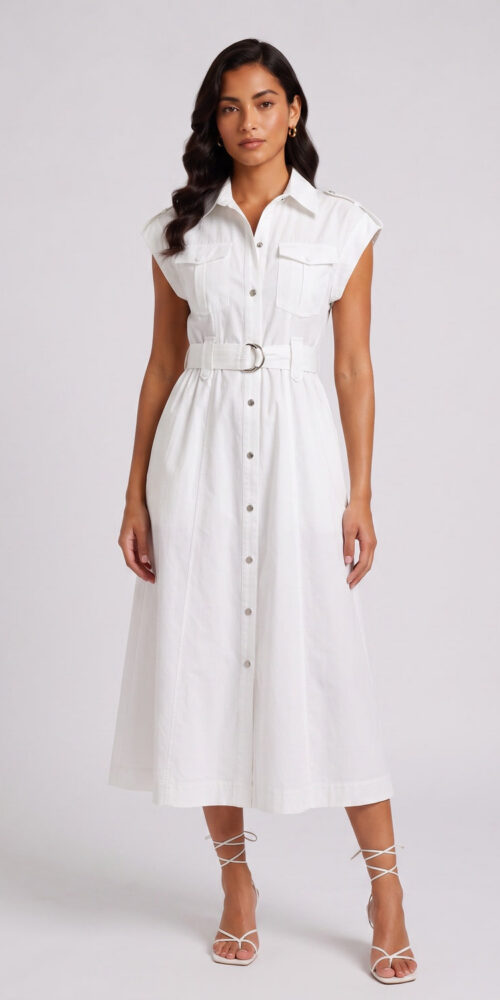 WHITE CAP SLEEVE BELTED CARGO MIDI SHIRT DRESS