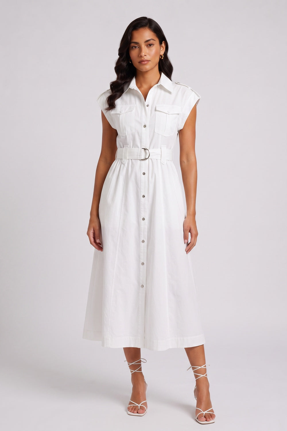 WHITE CAP SLEEVE BELTED CARGO MIDI SHIRT DRESS