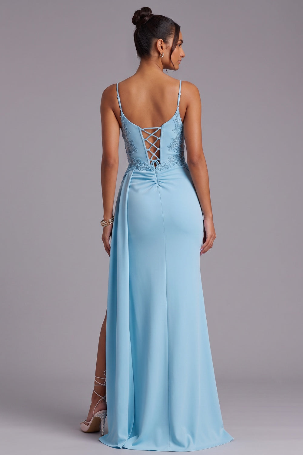7b62af6e8774fc1d LIGHT BLUE LACE-UP BACK MAXI EVENING GOWN