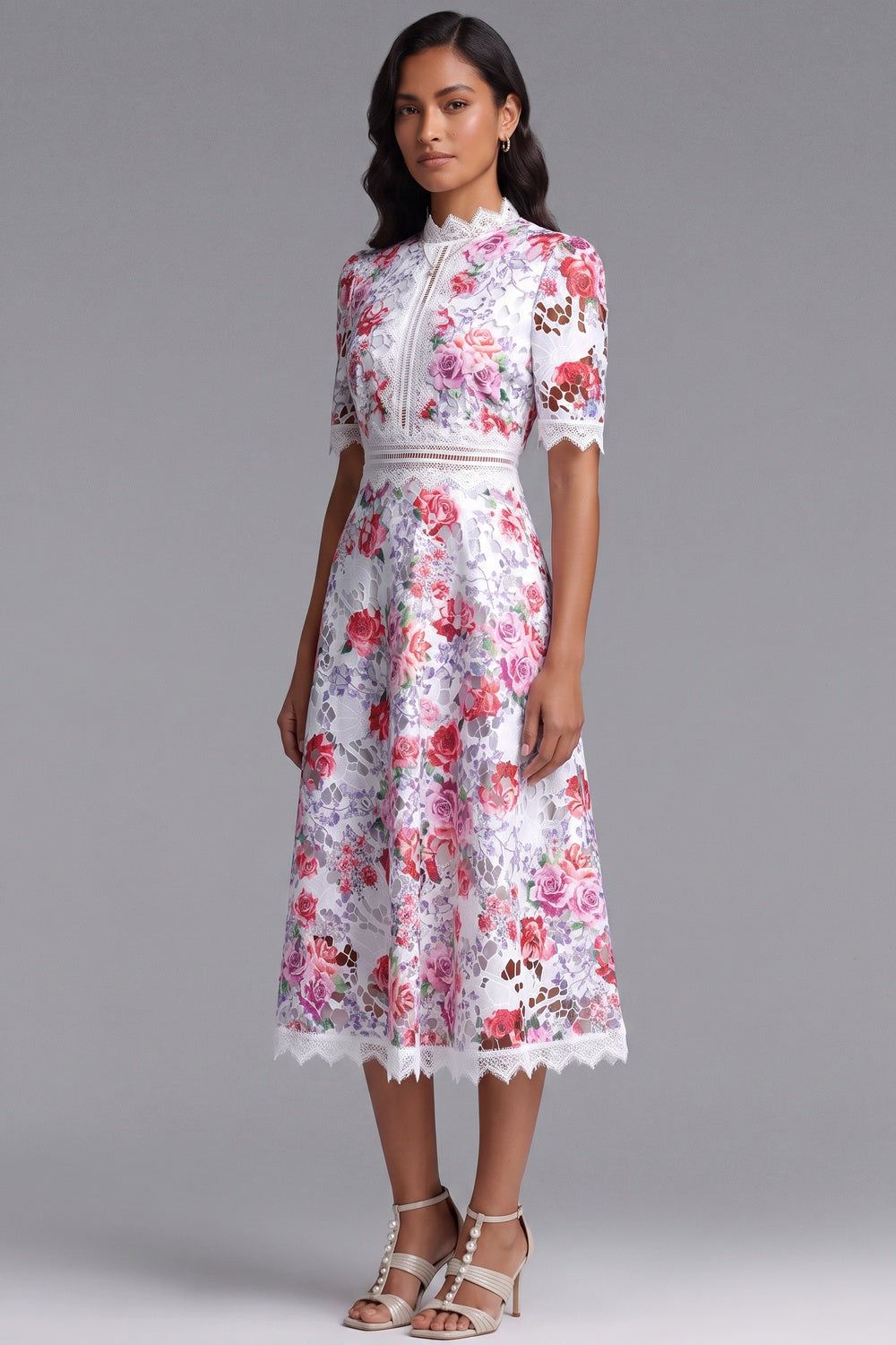 7b86976e3eefac8c WHITE GUIPURE LACE FLORAL MIDI DRESS FOR WEDDING