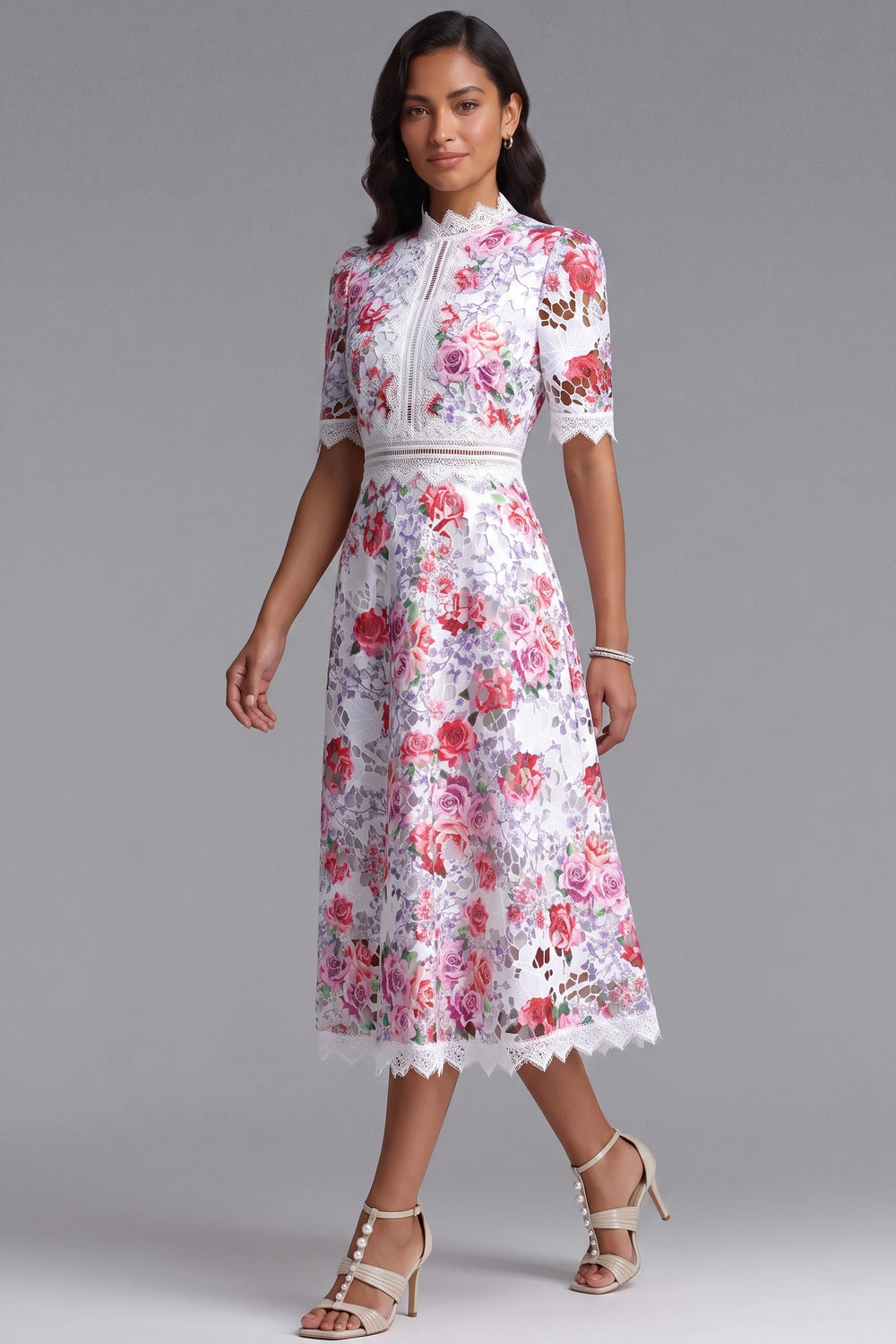 7b9523530bbc6b84 WHITE GUIPURE LACE FLORAL MIDI DRESS FOR WEDDING