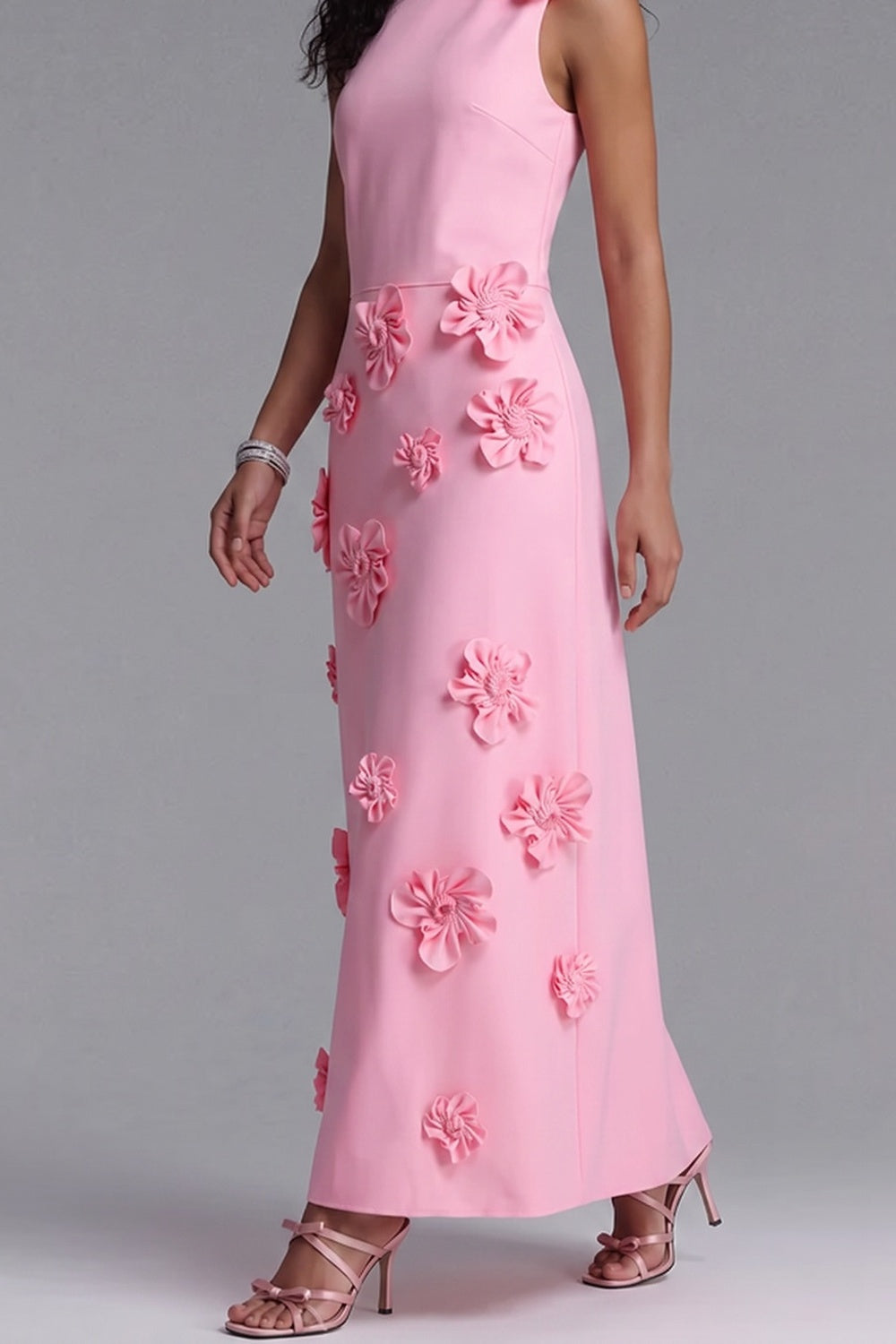 7c2e9b48da038dac SLEEVELESS ROUND NECK 3D FLORAL MIDI DRESS