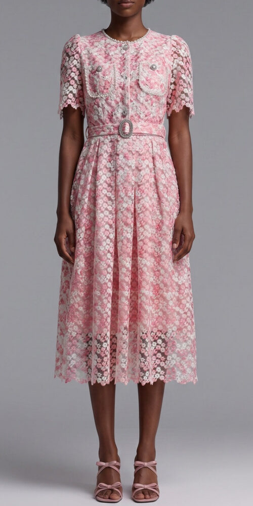 7c8623270c6a3dcb PINK FLORAL LACE MIDI DRESS W/ BELT