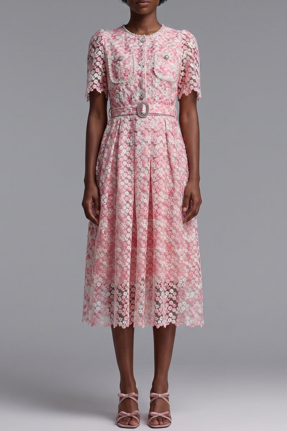 7c8623270c6a3dcb PINK FLORAL LACE MIDI DRESS W/ BELT