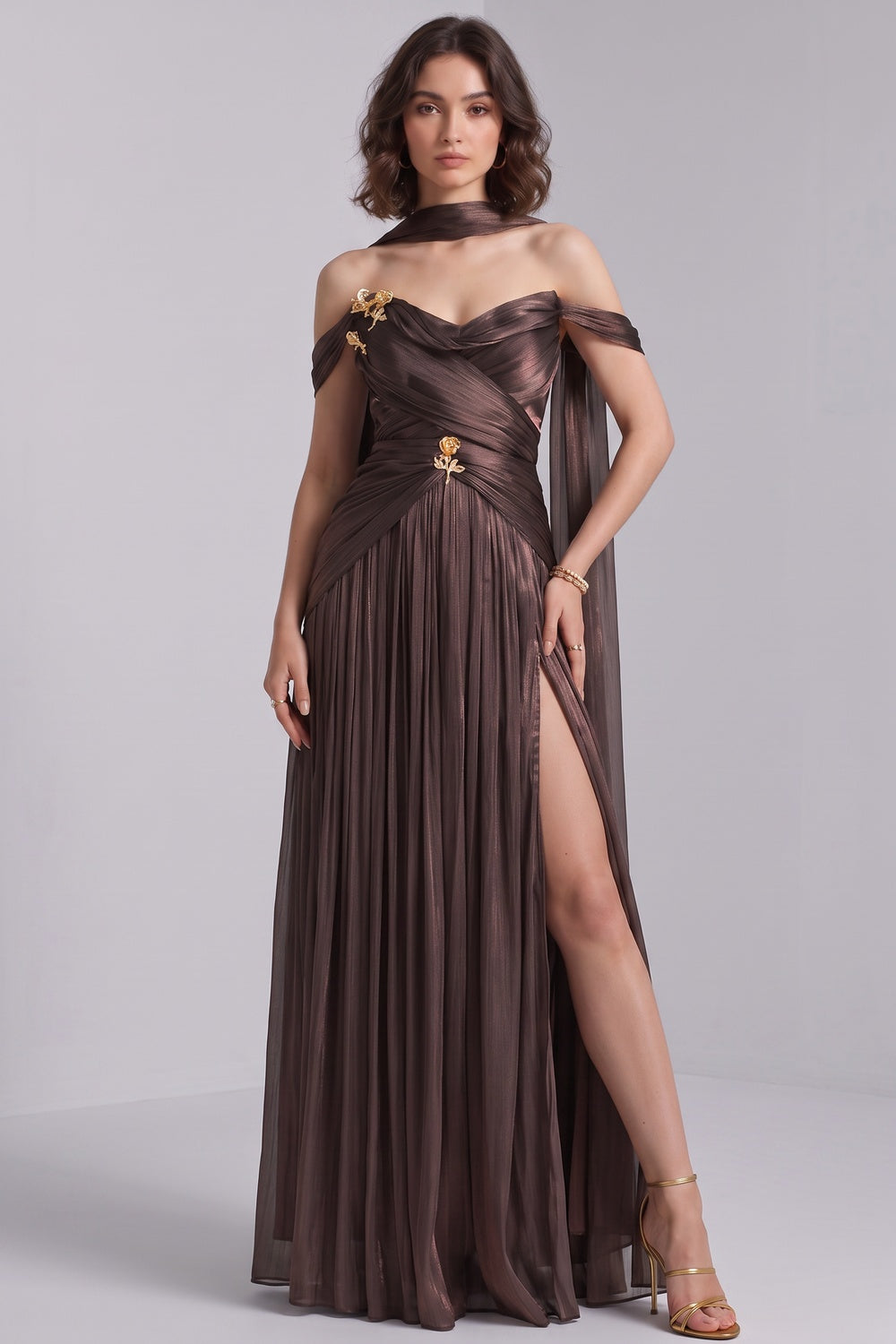7ca091579ef9e857 BRONZE METALLIC DRAPED A-LINE GOWN HIGH SLIT EVENING