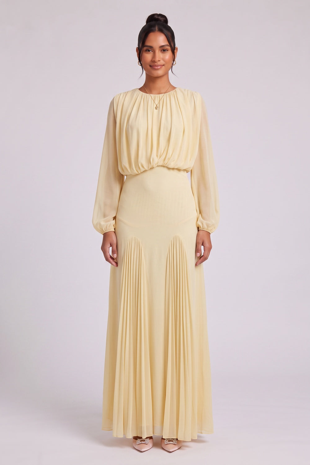 7cb5c52530fb21c6 PALE YELLOW CHIFFON BLOUSON MAXI DRESS FOR WEDDING GUEST
