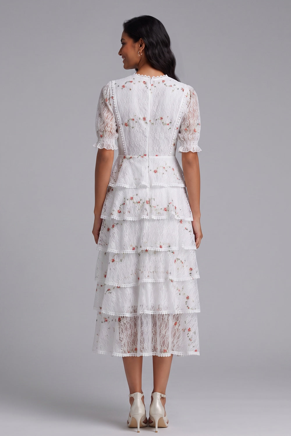 7cb7d9c5bb79a4a1 WHITE TIERED FLORAL MIDI DRESS FOR WEDDING GUEST