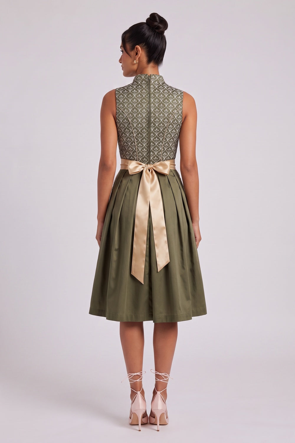 OLIVE GREEN JACQUARD BODICE FIT-FLARE DIRNDL