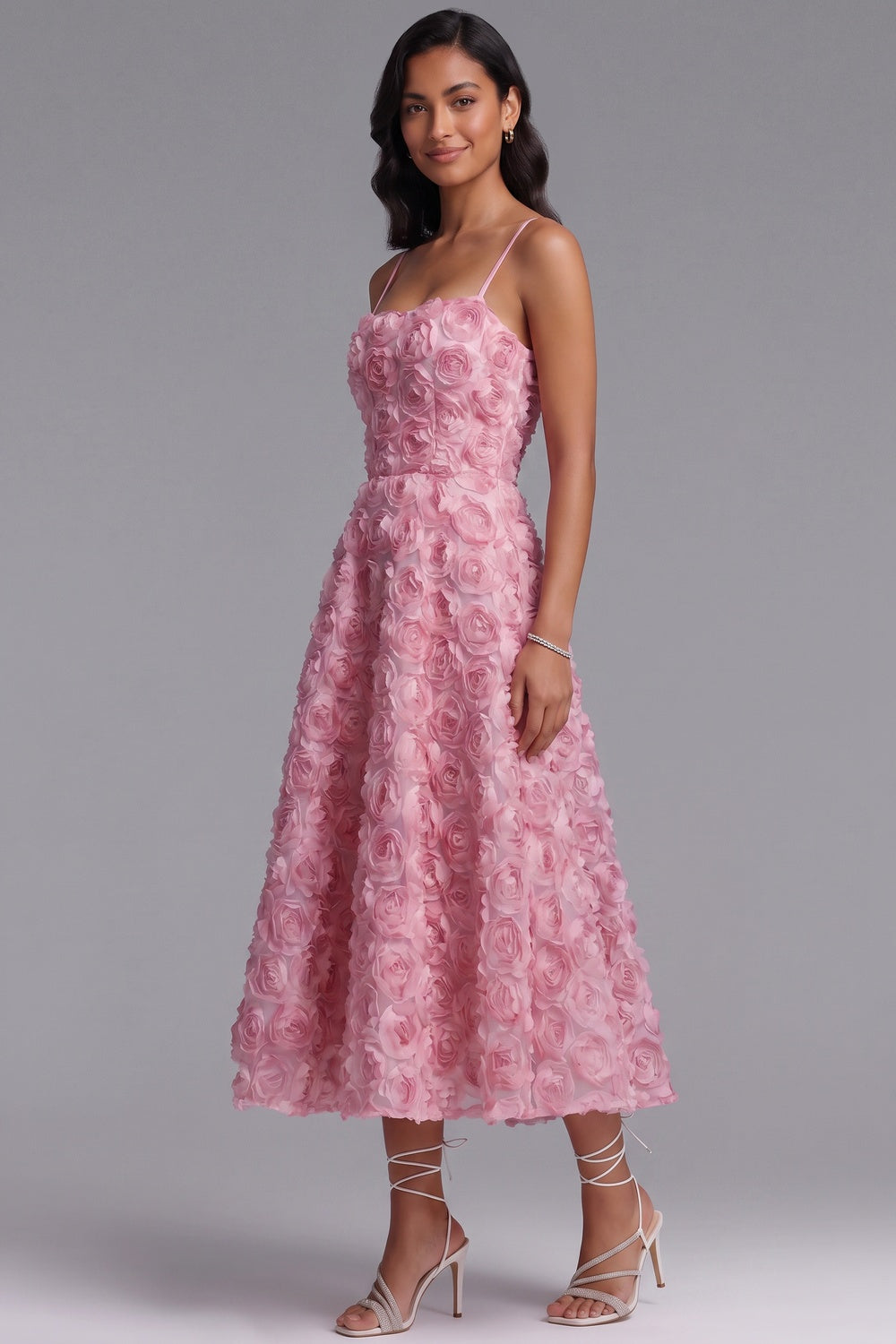 7cc12df6833b444f PINK ROSETTE MESH A-LINE MIDI DRESS FOR WEDDING GUEST