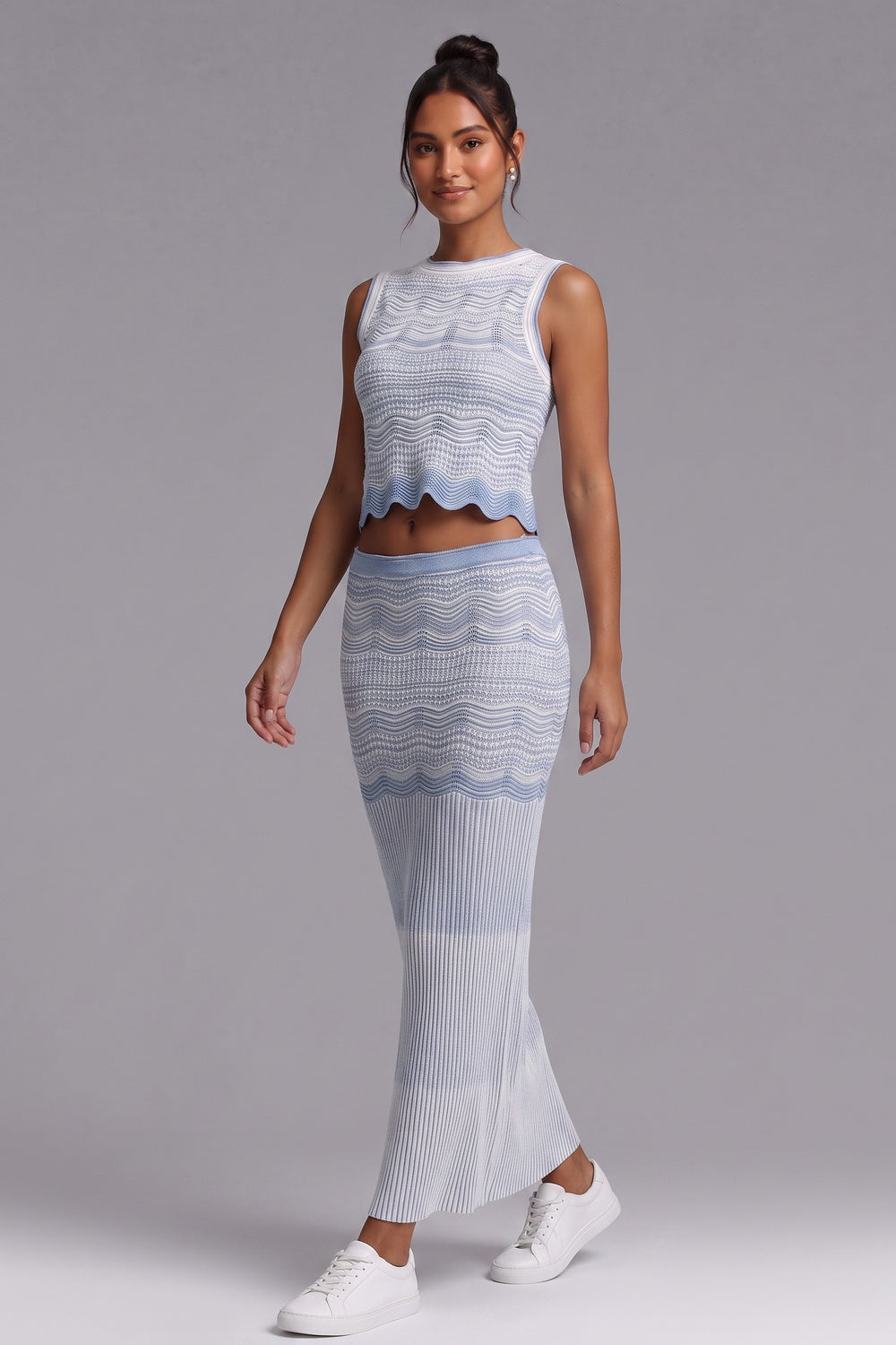 7d09b6daf046551e WAVY-KNIT CROP TOP & MIDI SKIRT SET
