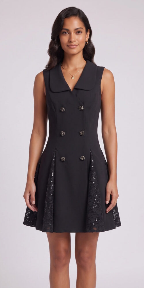 7d0c861a3b47c897 BLACK STRUCTURED CREPE A-LINE FIT-AND-FLARE DRESS
