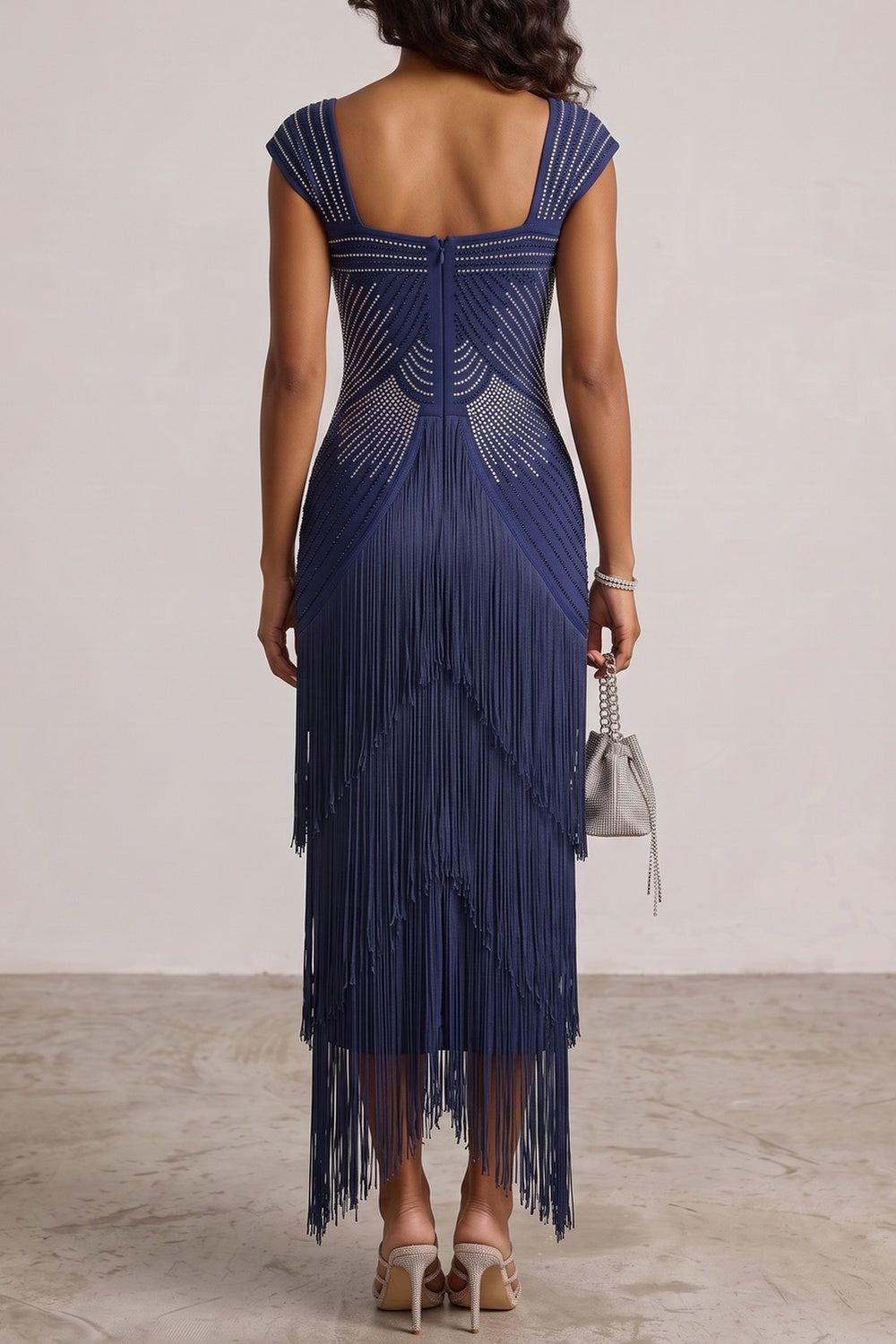 SQUARE NECK CAP SLEEVE RHINESTONE FRINGE MIDI DRESS
