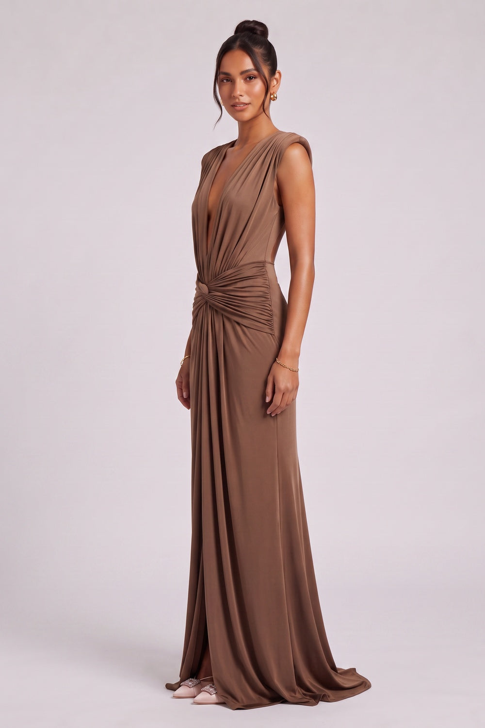 BROWN JERSEY TWIST COLUMN GOWN FOR EVENING