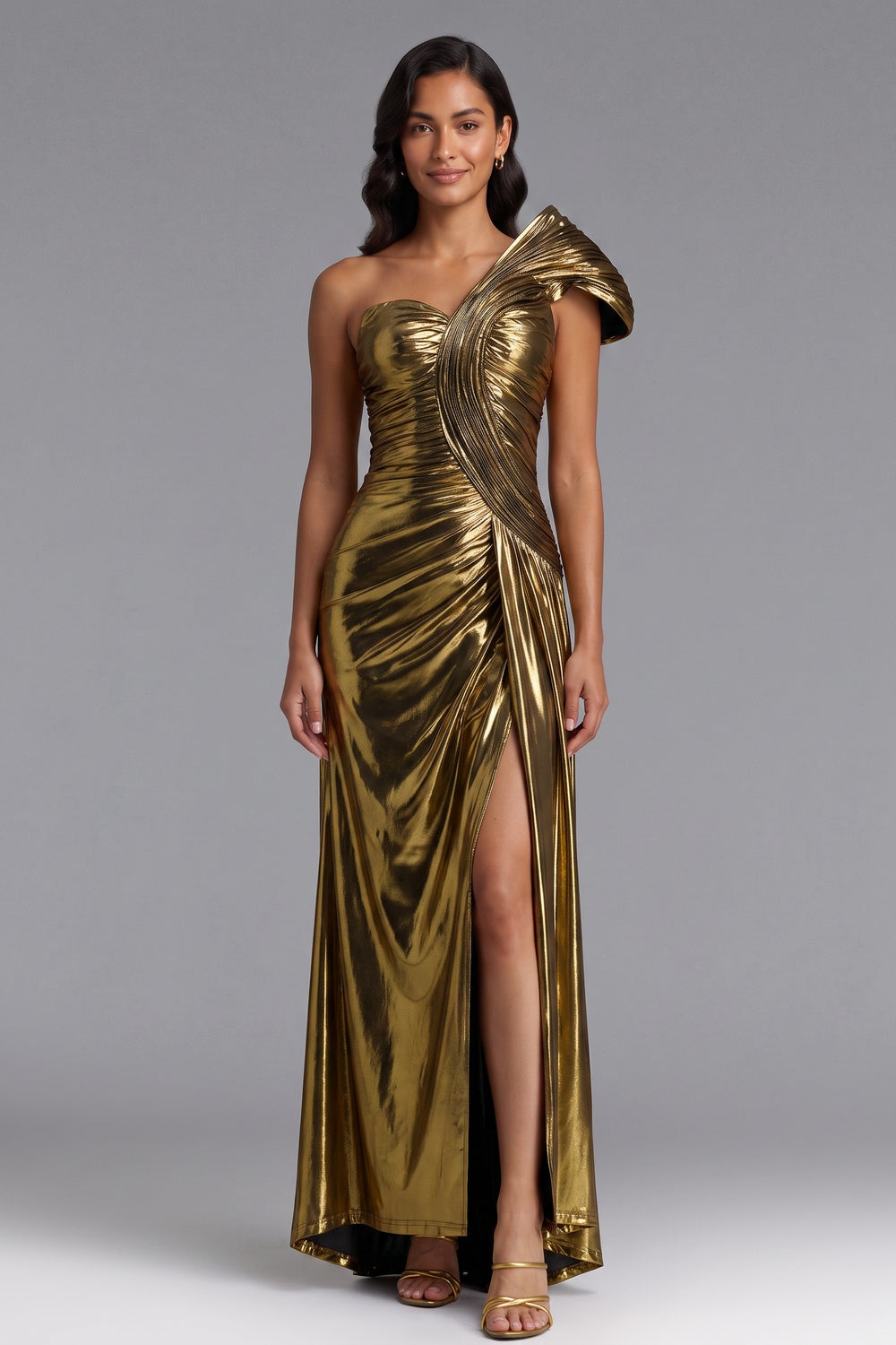 7d714fbde5785ac1 GOLD ONE-SHOULDER METALLIC MAXI DRESS, EVENING