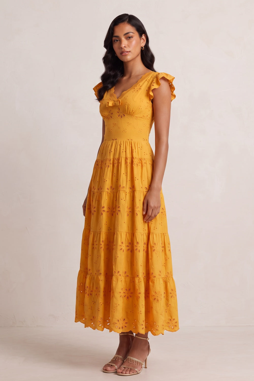 7dae83a90517cdf7 SCALLOP V-NECK RUFFLE SLEEVE EYELET TIERED MIDI DRESS
