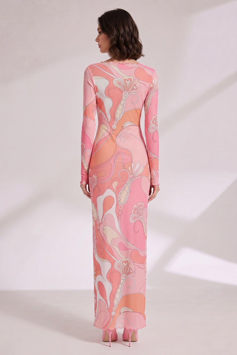 7dc1cd3407a98127 RETRO ABSTRACT MESH MAXI DRESS, LONG-SLEEVE, EVENING