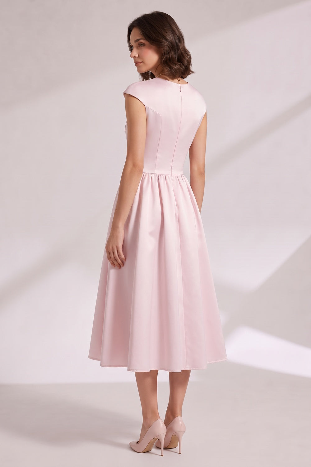 7dc31994e405f3ff PINK CAP SLEEVE MIDI DRESS WITH BACK ZIP