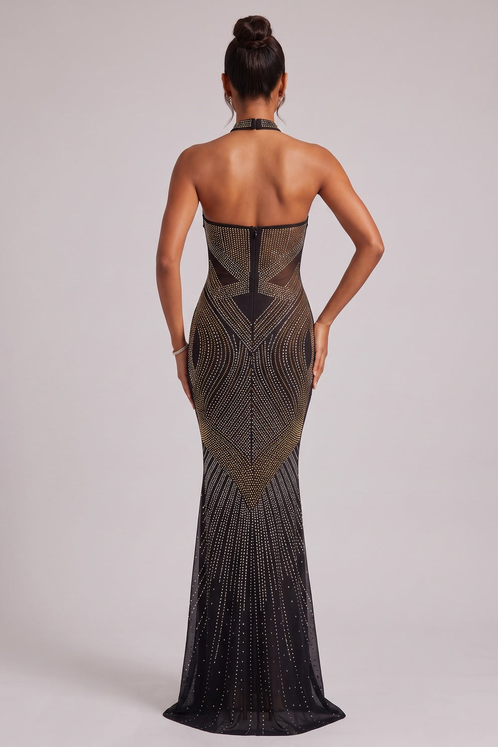 BLACK GOLD EMBELLISHED MERMAID EVENING GOWN