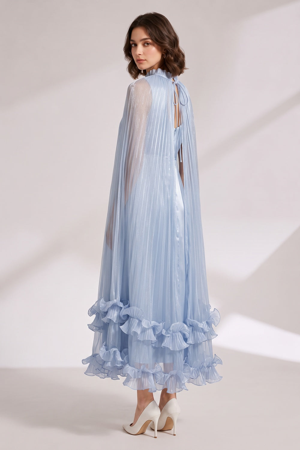 7eb410028ee74d32 LIGHT BLUE PLEATED CAPE DRESS WITH RUFFLE HEM