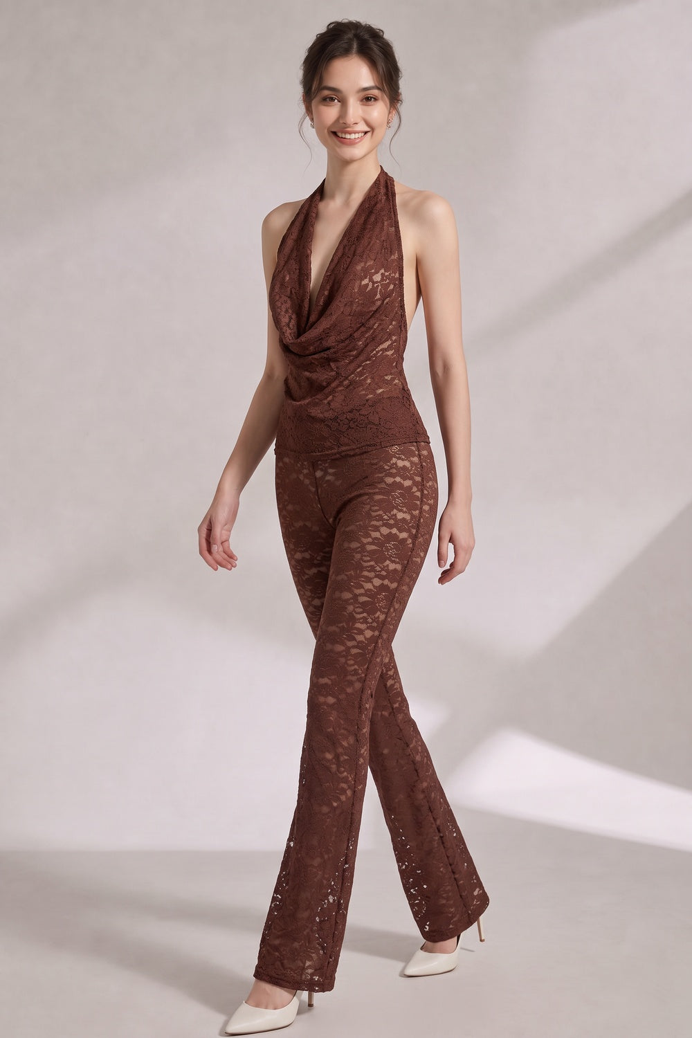 7f0db6cc441f8bcb CHOCOLATE BROWN LACE HALTER COWL NECK TOP & FLARED PANTS SET