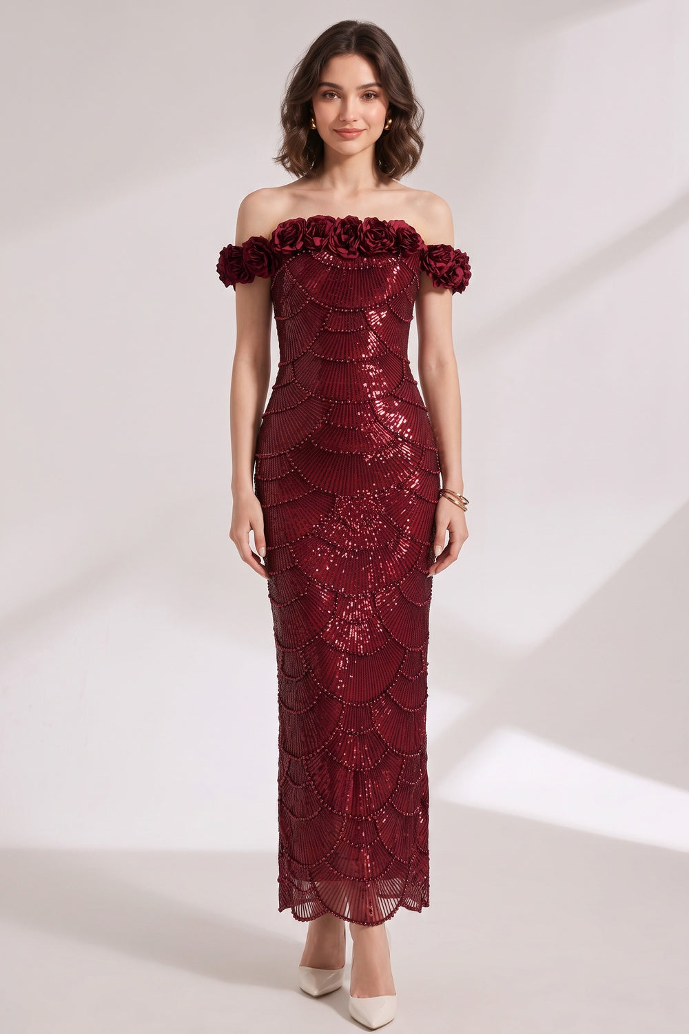 BURGUNDY SEQUIN MESH COLUMN GOWN